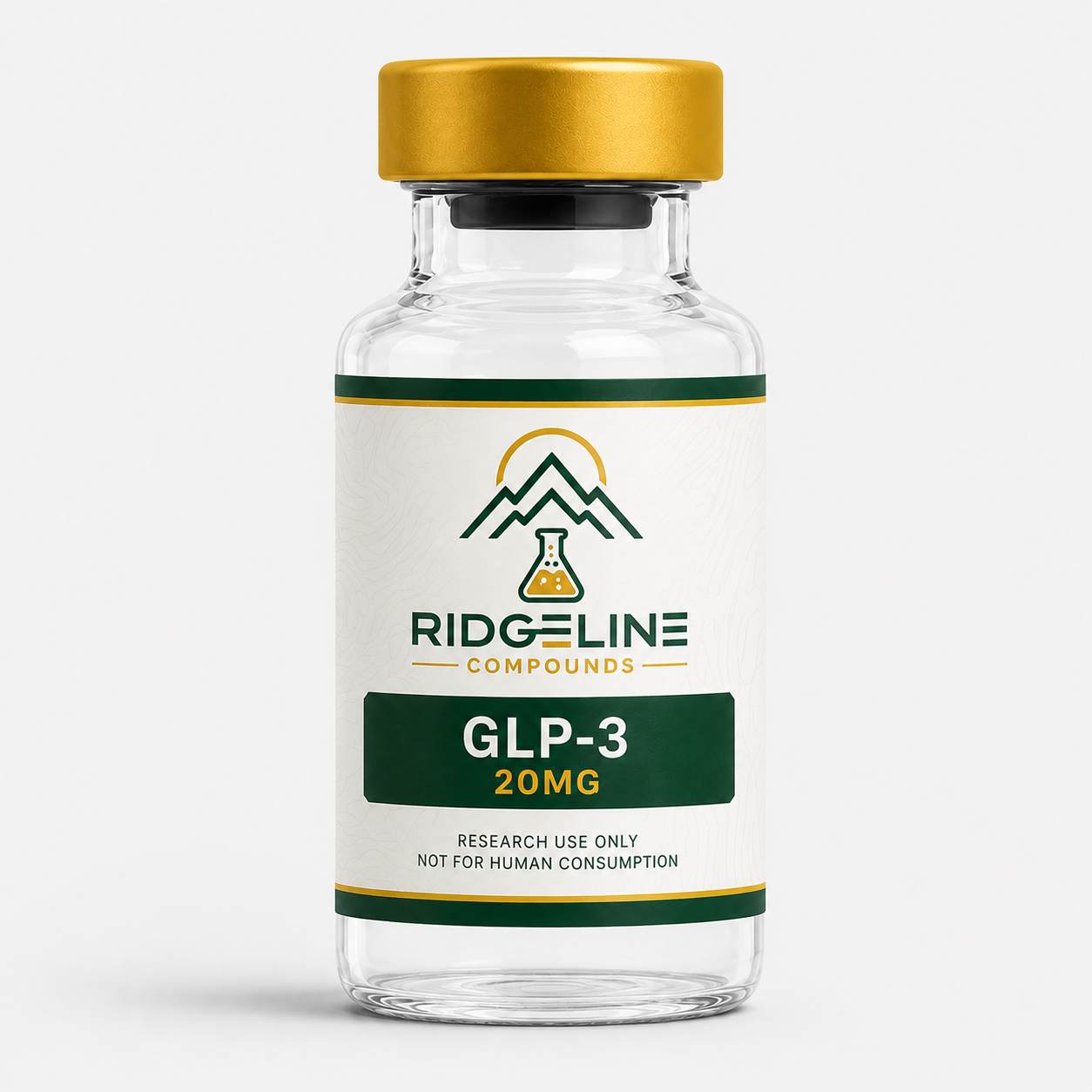 Ridgeline Compounds research vial with a gold seal and a research-use-only label